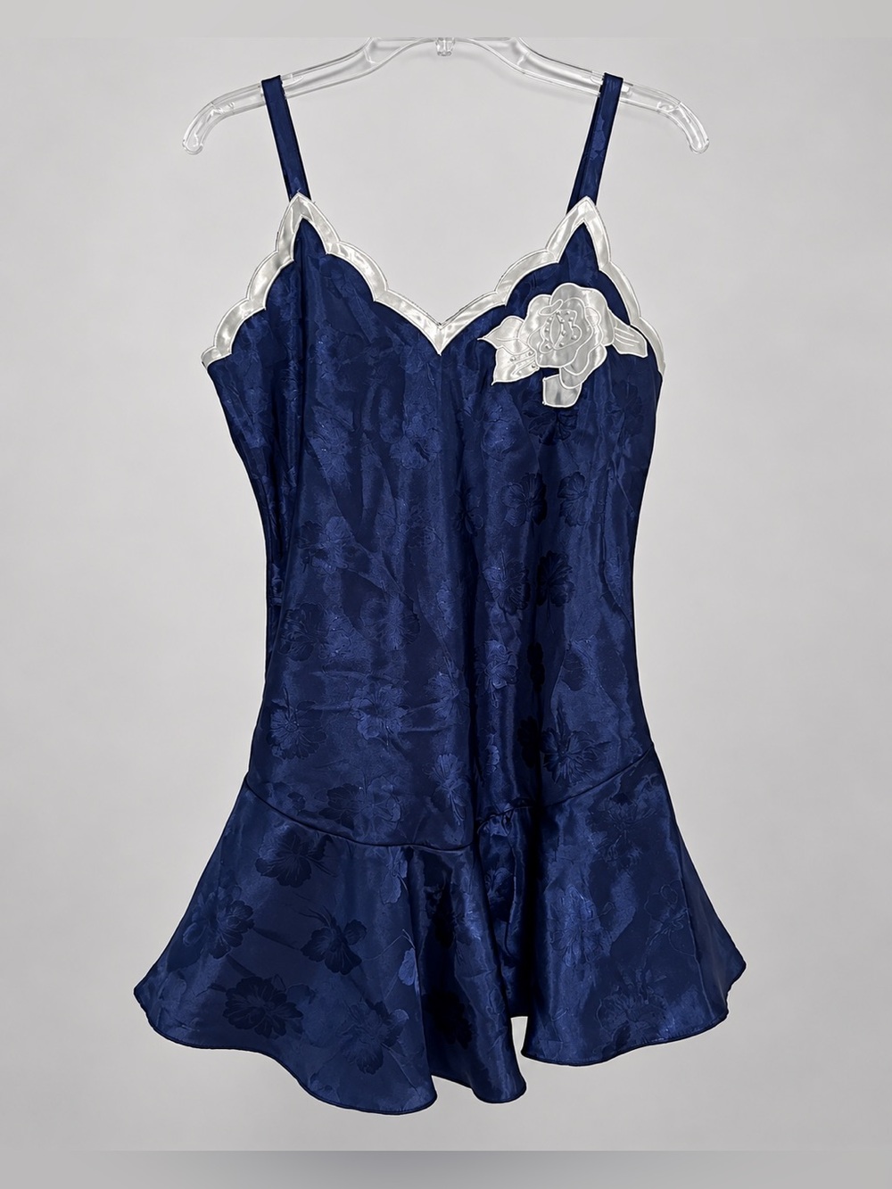 Vintage 90s Victoria’s Secret Gold Label Navy Satin Jacquard Slip Dress S #2782